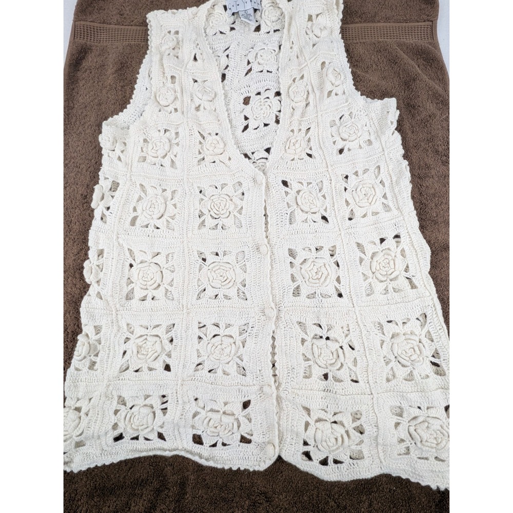 STYLE New York Crochet Vest Cream Floral Rose Granny Square Ramie Cotton L
